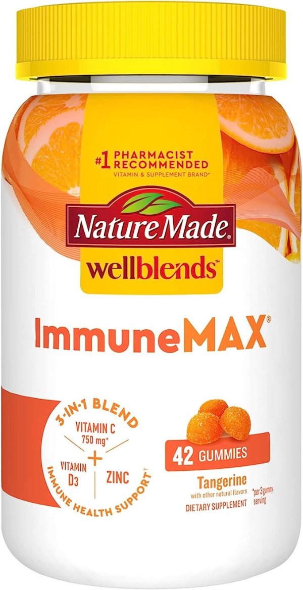 Wellblends ImmuneMAX Gummies, Vitamin C 750mg, Zinc, and Vitamin D3 5000 IU, Immune Support Supplement, 42 Tangerine Flavor Gummies