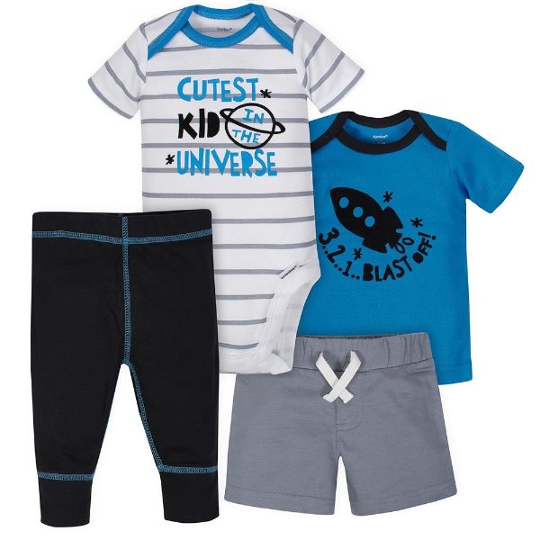 4-Piece Baby Boys Rocket Ship Onesies® Bodysuit, Shirt, Pants & Short Set