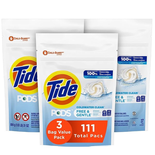 PODS Free & Gentle, Laundry Detergent Soap Pods, Unscented, 3 Bag Value Pack, 111 Count