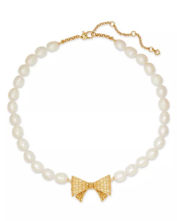 Wrapped In A Bow Pave Bow & Cultured Freshwater Pearl Pendant Necklace in Gold Tone, 17"-20"
