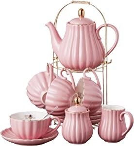 Fine China Pink Coffee Cup/Teacup Set, 7 OZ Cups& Saucer Service for 4, with Teapot-Sugar Bowl-Cream Pitcher Teaspoons and tea strainer for Tea/Coffee, 17-Pieces (TW Full set)
