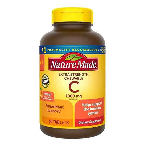 Extra Strength Dosage Chewable Vitamin C 1000 mg per serving, Dietary Supplement for Immune Support, 90 Tablets