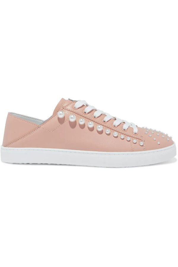 Goldie faux pearl-embellished leather collapsible-heel sneakers