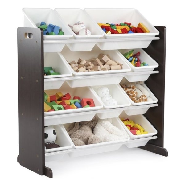 Espresso Kids Toy Storage Organizer with 12 White Plastic Storage Bins