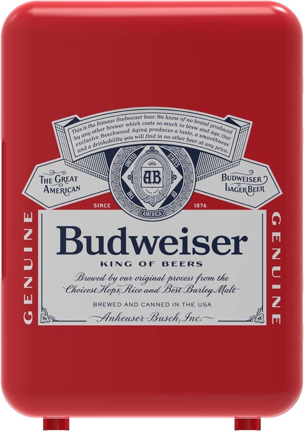 Budweiser MIS135BUD, Mini Portable Compact Personal Fridge Cooler, 4 Liter Capacity Chills Six 12 oz Cans