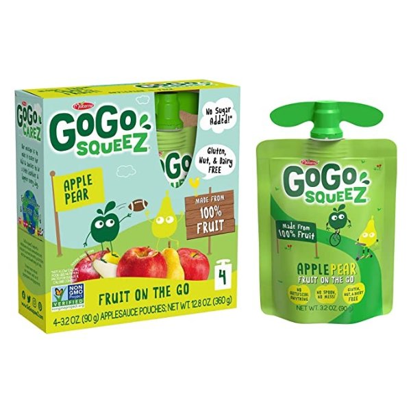 Applesauce on the Go, Apple Pear, 3.2 Ounce (48 Pouches), Gluten Free, Vegan Friendly, Unsweetened Applesauce, Recloseable, BPA Free Pouches (Packaging May Vary)