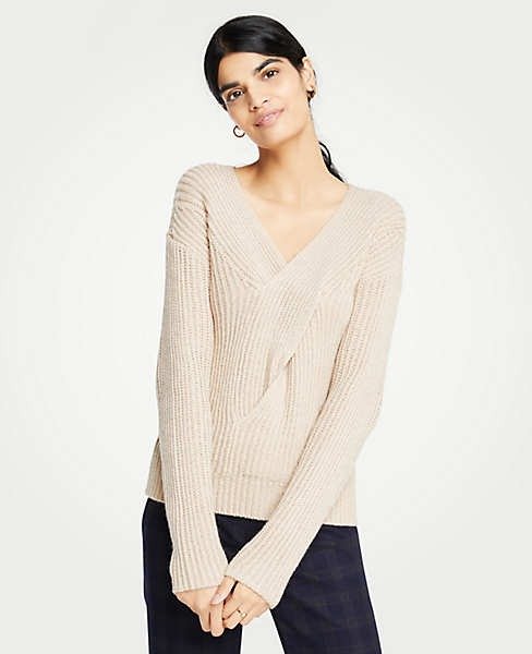V-Neck Ribbed Cable Sweater | Ann Taylor
