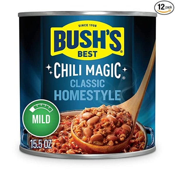 BUSH'S BEST Canned Chili Magic Chili Beans Starter Traditional Recipe (Pack of 12), Source of Plant Based Protein and Fiber, Low Fat, Gluten Free, 15.5 oz