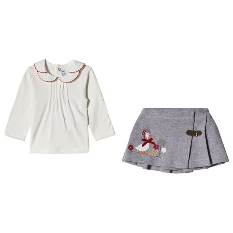 White Embroidered Collar Top with Grey Duck Applique Skirt | AlexandAlexa