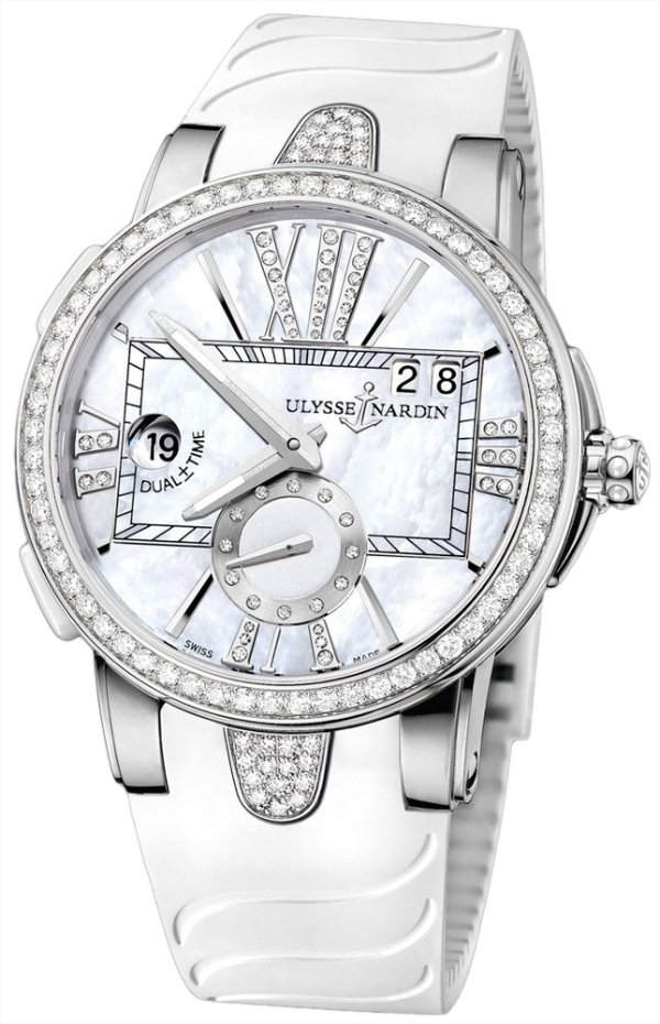 Executive Dual Time Automatic White Mother Of Pearl Diamond Dial Ladies Rubber Watch