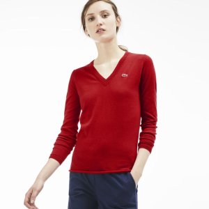 Lacoste Women's Cotton Jersey V-Neck Sweater