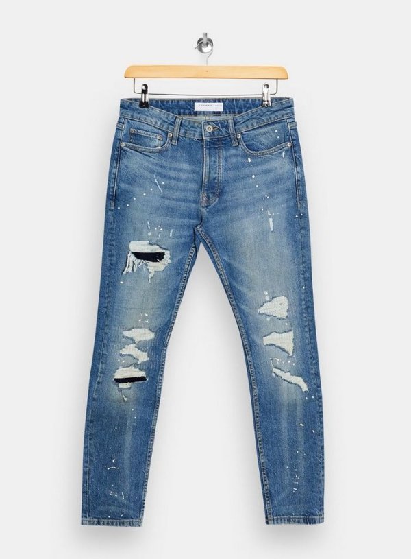 Mid Wash Paint Ripped Stretch Skinny Jeans