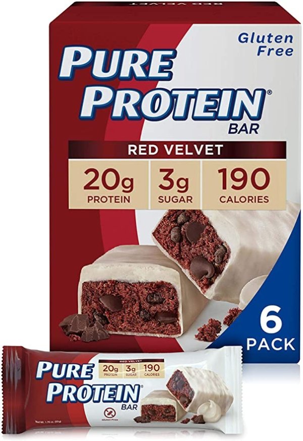Pure Protein Bars, High Protein, Nutritious Snacks to Support Energy, Low Sugar, Gluten Free, Red Velvet Cake, 1.76 oz, Pack of 6