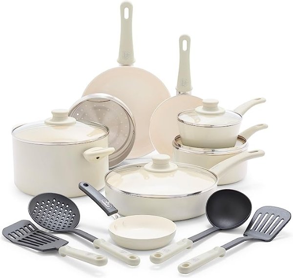 Soft Grip Healthy Ceramic Nonstick 16 Piece Kitchen Cookware Pots and Frying Sauce Saute Pans Set, PFAS-Free with Kitchen Utensils and Lid, Dishwasher Safe, Cream