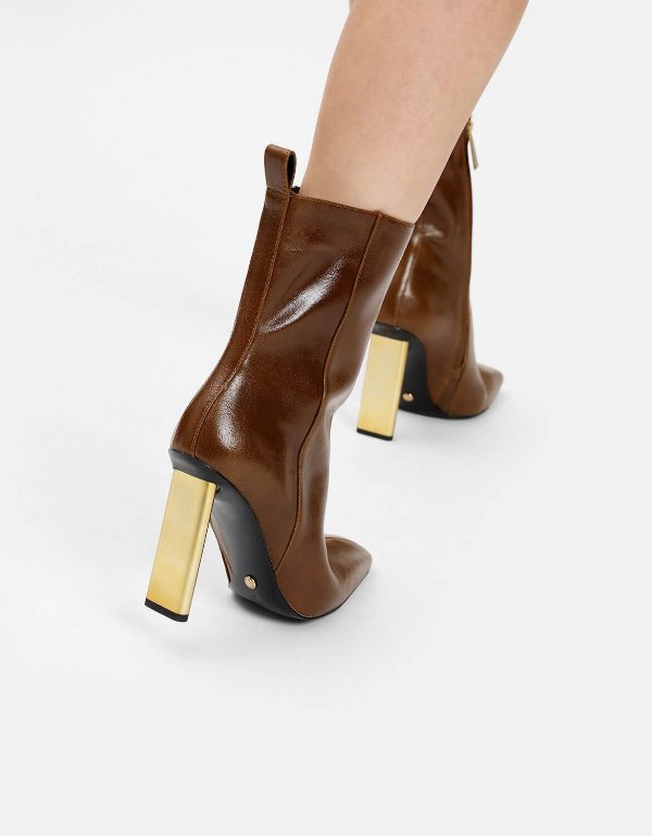 Brown Blade Heel Leather Boots | CHARLES & KEITH