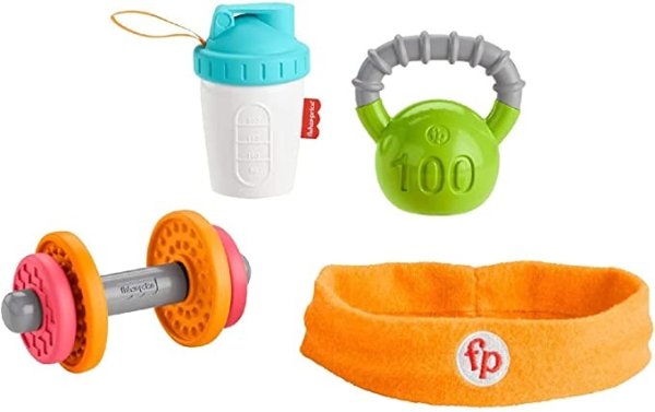 Baby Biceps Gift Set, 4 fitness-themed baby toys with wearable costume bib, rattle and teether for babies ages 3 months and older