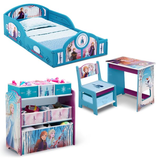 Frozen II 4-Piece Room-in-a-Box Bedroom Set by Delta Children - Includes Sleep & Play Toddler Bed, 6 Bin Design & Store Toy Organizer and Desk with Chair