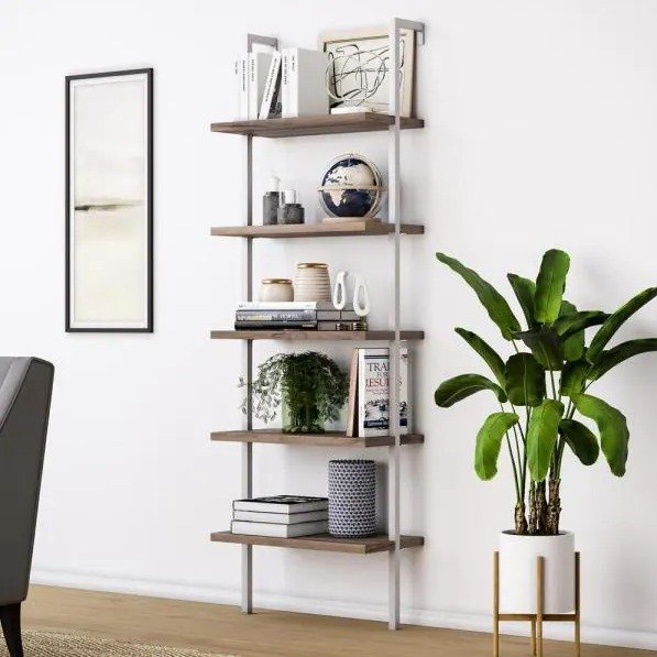 Theo White 5-Shelf Ladder Bookcase or Bookshelf with Gold Metal Frame