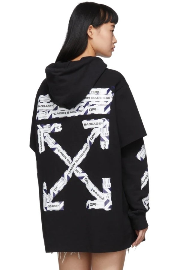 Black Airport Tape Double T-Shirt Hoodie