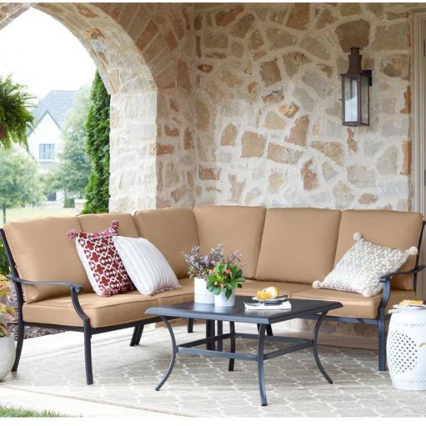 Redwood Valley Black 4-Piece Steel Outdoor Patio Sectional Sofa Set with Sunbrella Beige Tan Cushions