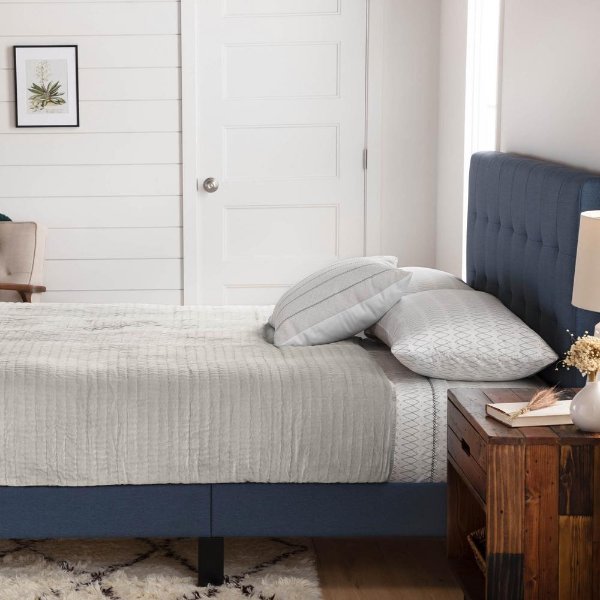 Cara Upholstered Platform Bed Frame with Square Tufted Headboard- Full, Navy