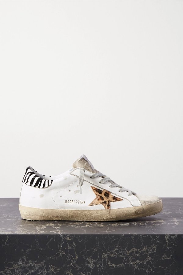 Superstar distressed leopard-print calf hair, leather and suede sneakers