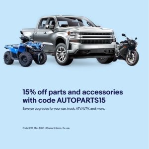 Extra 15% Off, Up to $100Select Auto Parts and Accessories, max $100 off, 2x use