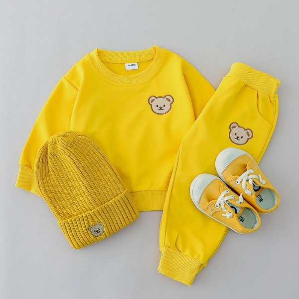 2pcs Kid Girl/Boy Solid Bear Pattern Sweatshirt Set