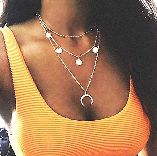 Layered Chain Choker Necklace Moon Rhinestone Pendant Chain Jewelry for Girls Women