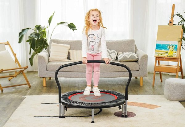 36" Folding Mini Trampoline, Safety Pad Rebounder with Foam Handle, Play Exercise Bounce for 3-6 Years Kids Toddler Indoor Max Load 180lb