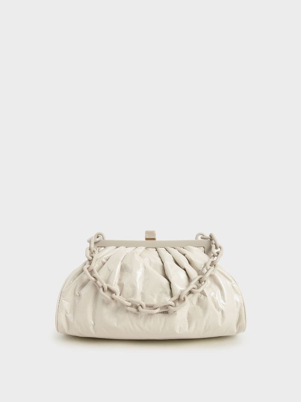 Beige Patent Chain Handle Clutch | CHARLES &amp; KEITH