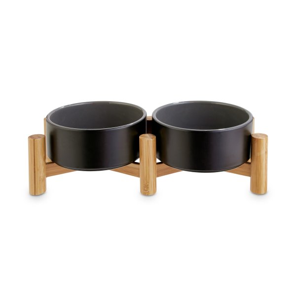 Reddy Black Ceramic & Bamboo Elevated Double Diner Pet Bowl, 3.5 Cups