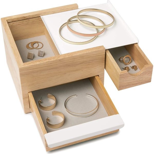 Mini Stowit Jewelry Box - Modern Keepsake Storage Organizer with Hidden Compartment Drawers for Ring, Bracelet, Watch, Necklace, Earrings, and Accessories (Black / Walnut)