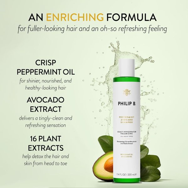 PHILIP B. Peppermint Avocado Shampoo 7.4 oz - Volumizing & Clarifying Shampoo for Dry to Oily Hair and Scalp, Non-Stripping