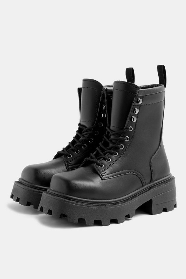 BAE Black Square Toe Chunky Lace Up Boots