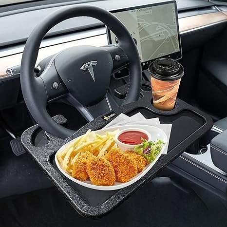 EcoNour 2 in 1 Tesla Auto Steering Wheel Desk Model 3/Y/S/X | Car Food Tray for Eating with Drinks Holder | Steering Wheel Tray for Laptop | Car Tesla Model Accessories