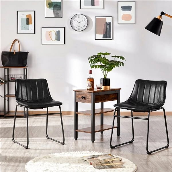 Pack of 2 Industrial Armless Adjustable Dining Chairs Upholstered Faux Leather Stools,Black