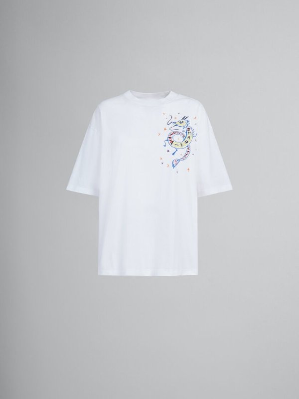 White bio jersey T-shirt with dragon print