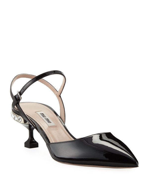 Patent Leather Jeweled Ankle-Strap Pumps