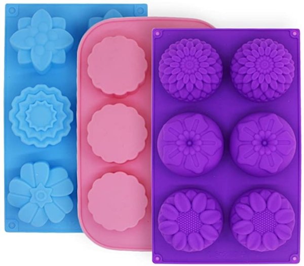 3 Pcs Cake Muffin Mooncake Silicone Molds, FineGood Flower-Shaped Pans for Making Jelly Pudding Cookies Chocolate, DIY Handmade Soap Trays, 6-Cavity - Purple, Blue, Pink