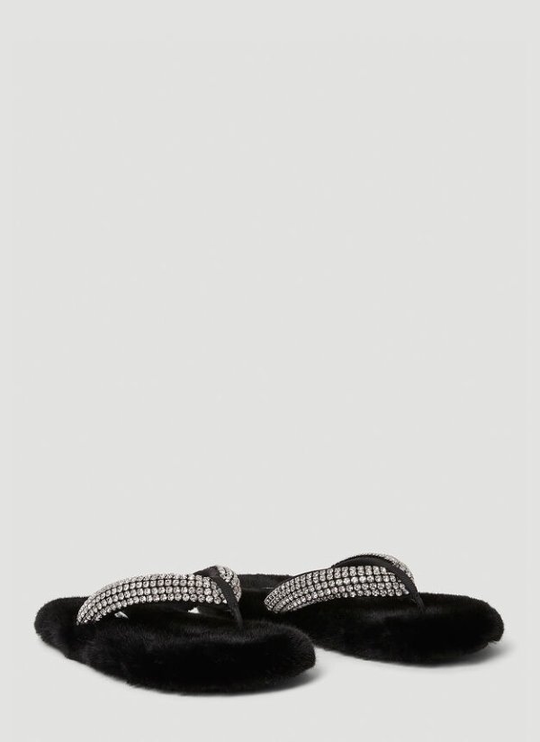Motel Faux-Fur Crystal Toe-Post Slides in Black