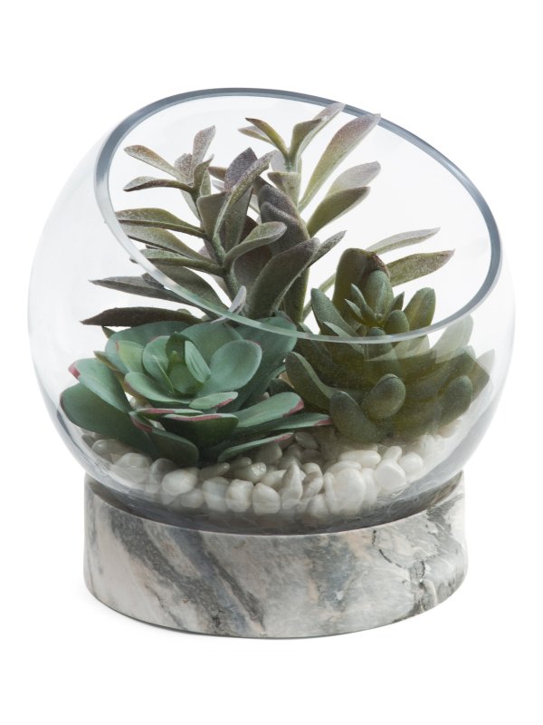 7in Faux Succulents In Glass Bowl With Stand