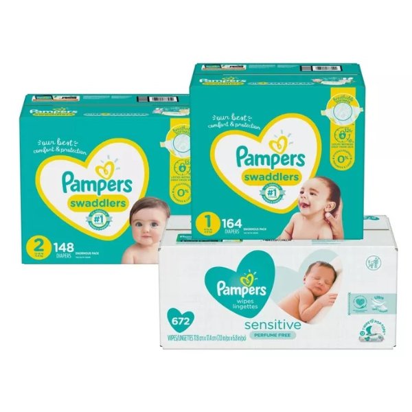 Swaddlers Disposable Diapers Size 1 - 168ct + Size 2 - 148ct &#38;Sensitive Baby Wipes - 672ct - Bundle
