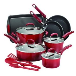 Rachael Ray 14-Piece Hard Enamel Nonstick Cookware Set, Red