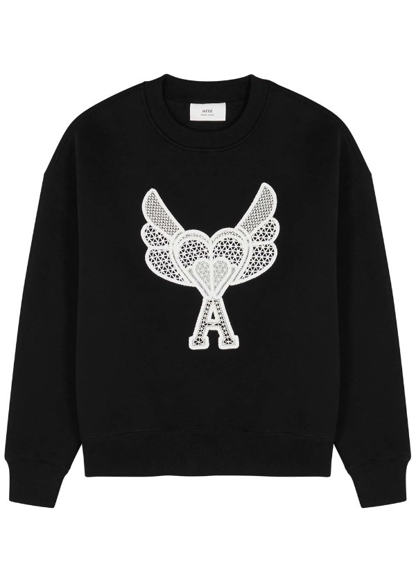 Black lace-appliqued jersey sweatshirt