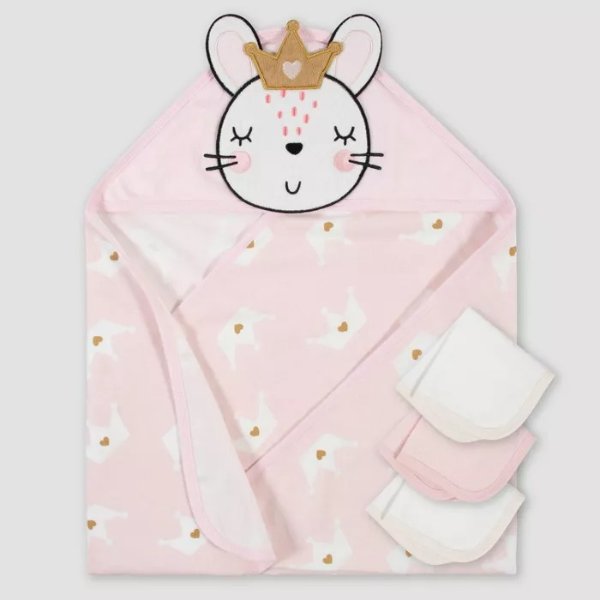Baby Girls&#39; 4pc Bunny Bath Towel and Washcloth Set - Pink