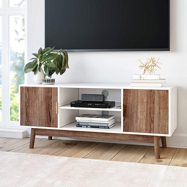 Nathan James Wesley Scandinavian TV Stand Media Console with Wooden Frame and Cabinet Doors, White/Rustic Oak