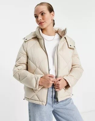 diamond quilted padded hooded jacket in cream