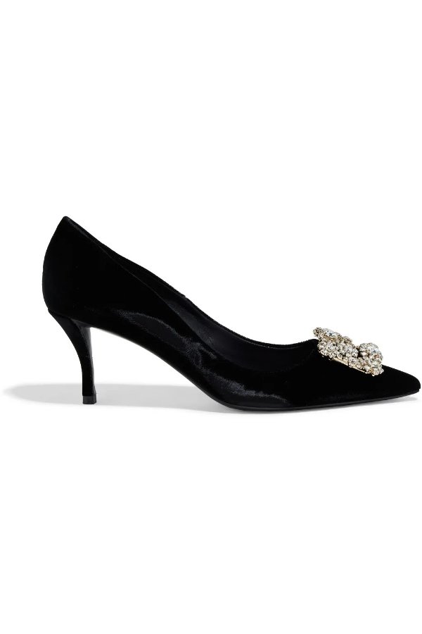 Flower Strass buckle-embellished velvet pumps