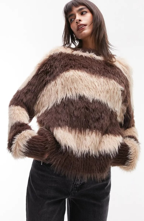Stripe Faux Fur Sweater